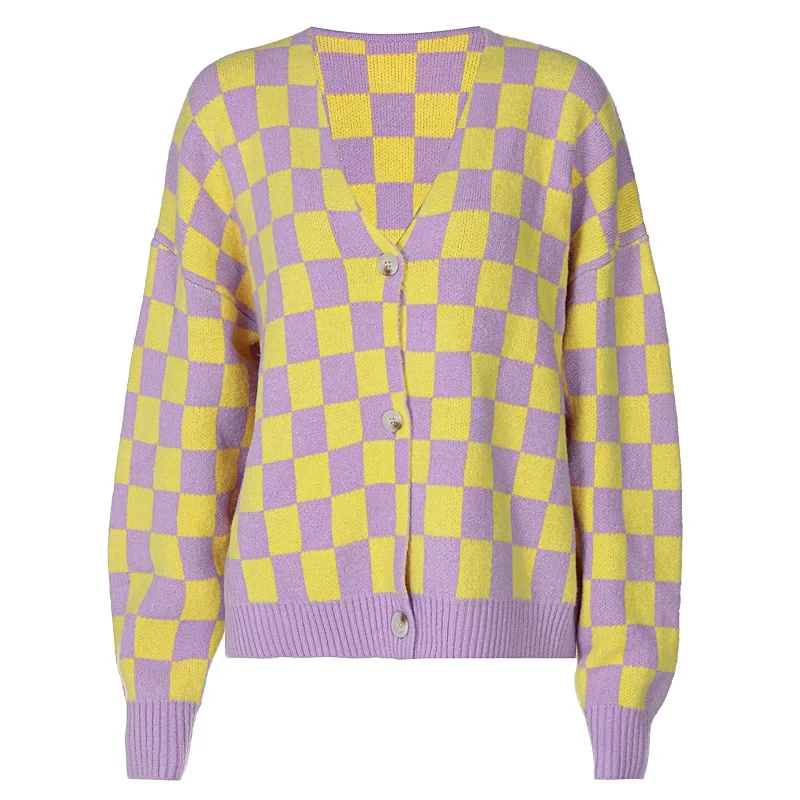 Cardigan Women's Autumn and Winter New 2023 Style V-neck Long-sleeved Single-breasted Knitted Lazy Checkerboard Sweater Women