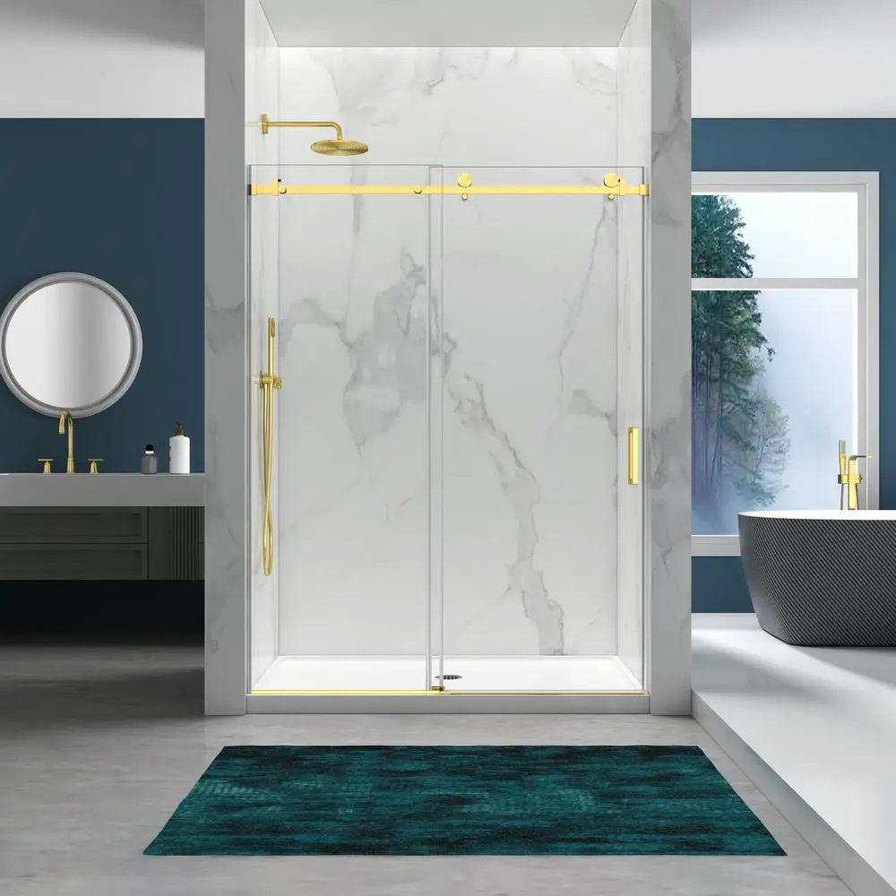 

56-60" Frameless Shower Door Soft-Close 6mm Tempered Glass Brushed Gold Stainless Steel Adjustable Width Waterproof