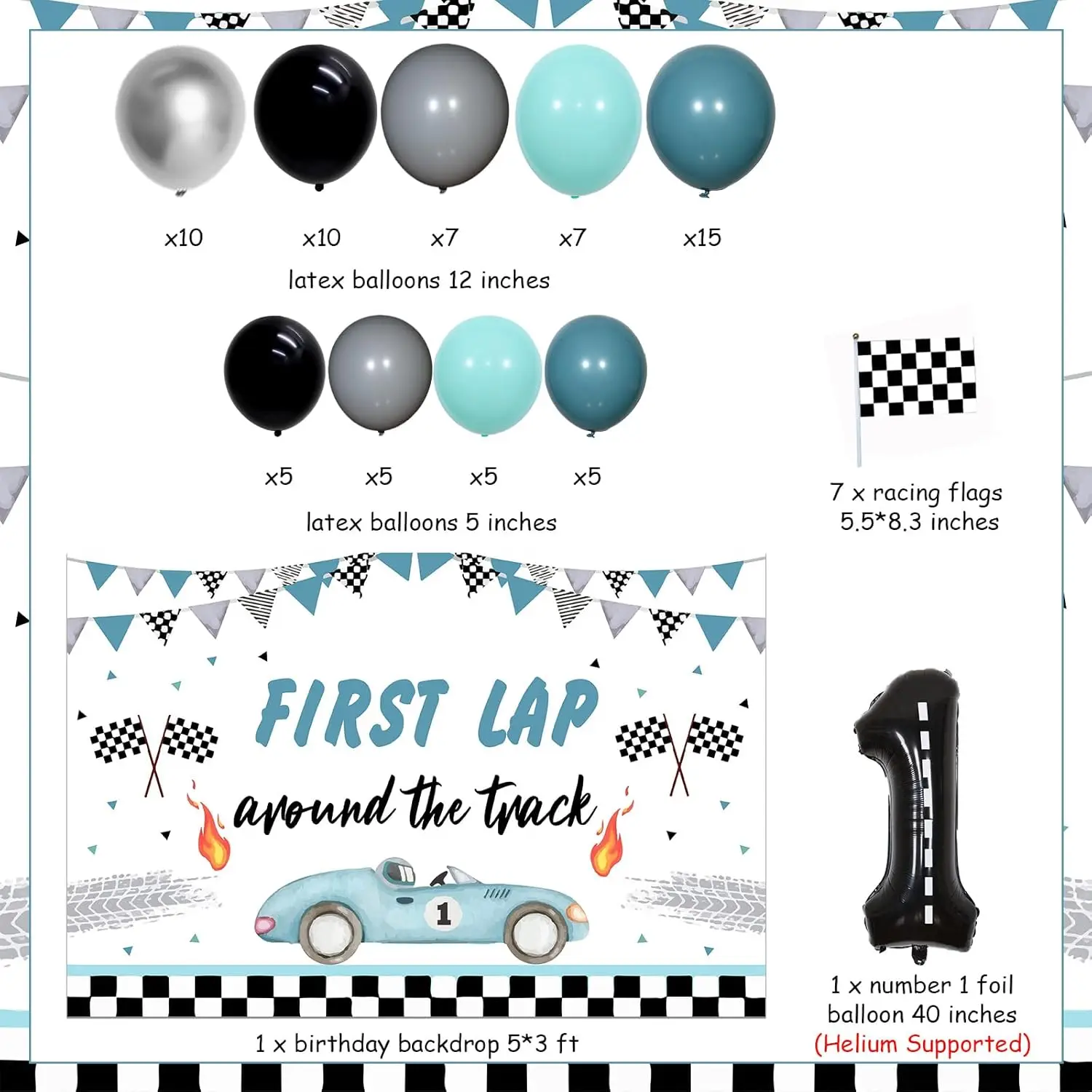 Race Car Backdrop with Balloon Garland Kit, First Trip Supplies, First Birthday Party Decorations, Boys, First Trip, Fast One