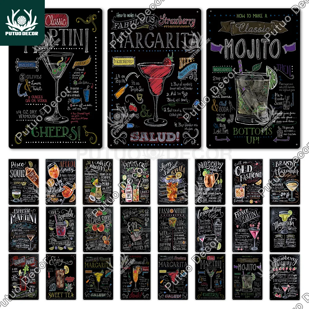 Putuo Decor Cocktail Tin Sign Vintage Plaques Metal Plate Retro Painting Art Poster for Bar Club Man Cave Wall Decoration