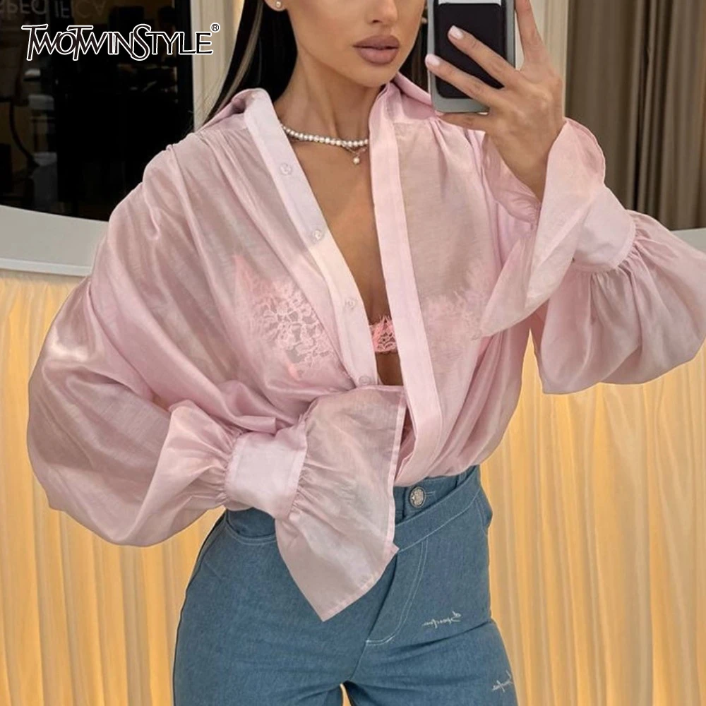 

TWOTWINSTYLE Solid Spliced Ruffles Slimming Blouses for Women V Neck Long Sleeve High Waist Temperment Shirts Female