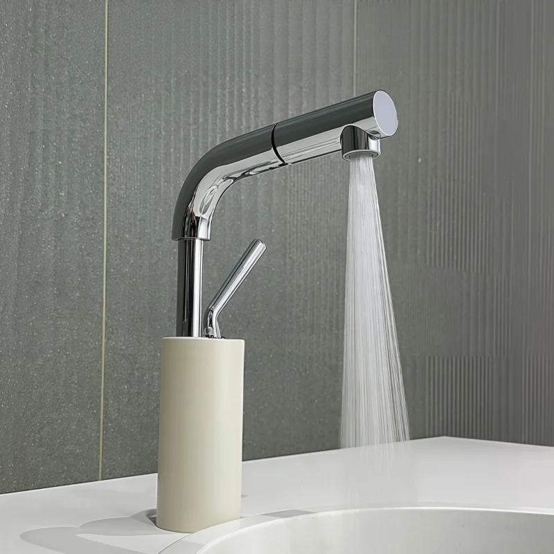 Milky White Pull-Out Lift Basin Faucet Rotating Hot and Cold Water Bathroom Cabinet Washbasin Faucet for Home Use