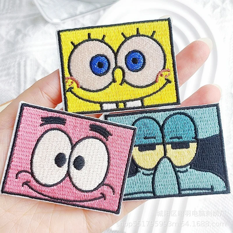 Parche bordado de Bob Esponja, parche de Anime para ropa, parche autoadhesivo bonito, pegatinas para ropa bordadas en caliente, regalos, 3 uds.