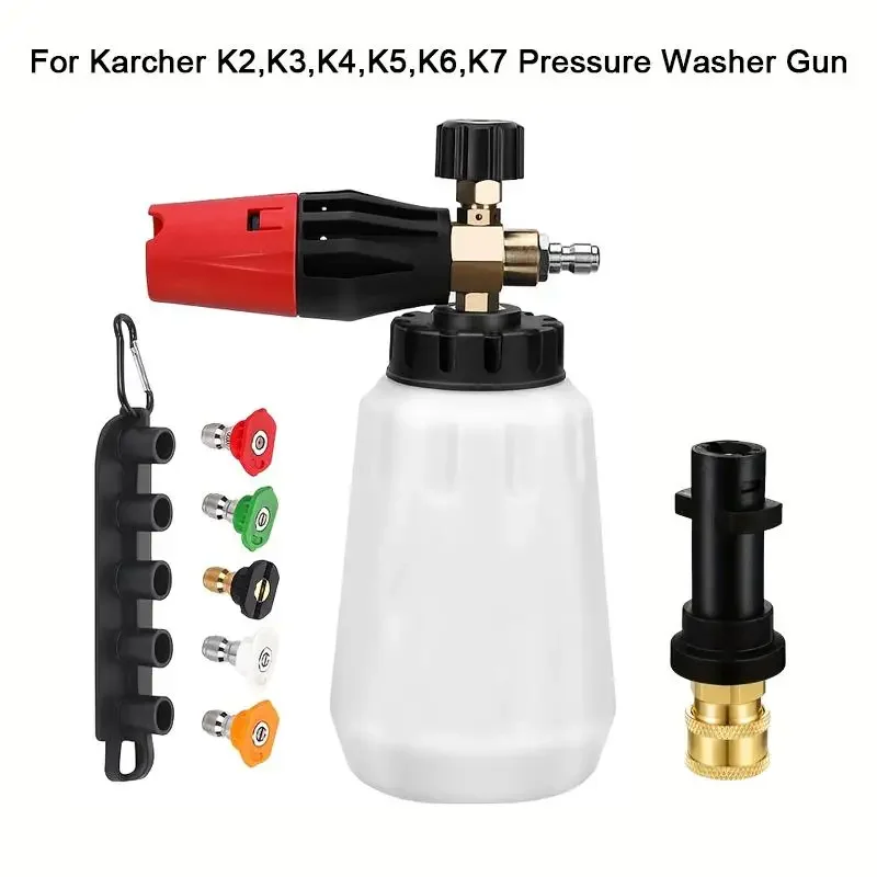 1L verstelbare sneeuwschuimkanon met 5 spuitmonden 1/4 inch snelkoppeling schuimschuimspuitpistool compatibel met Karcher K2-K7 serie hogedrukreinigers