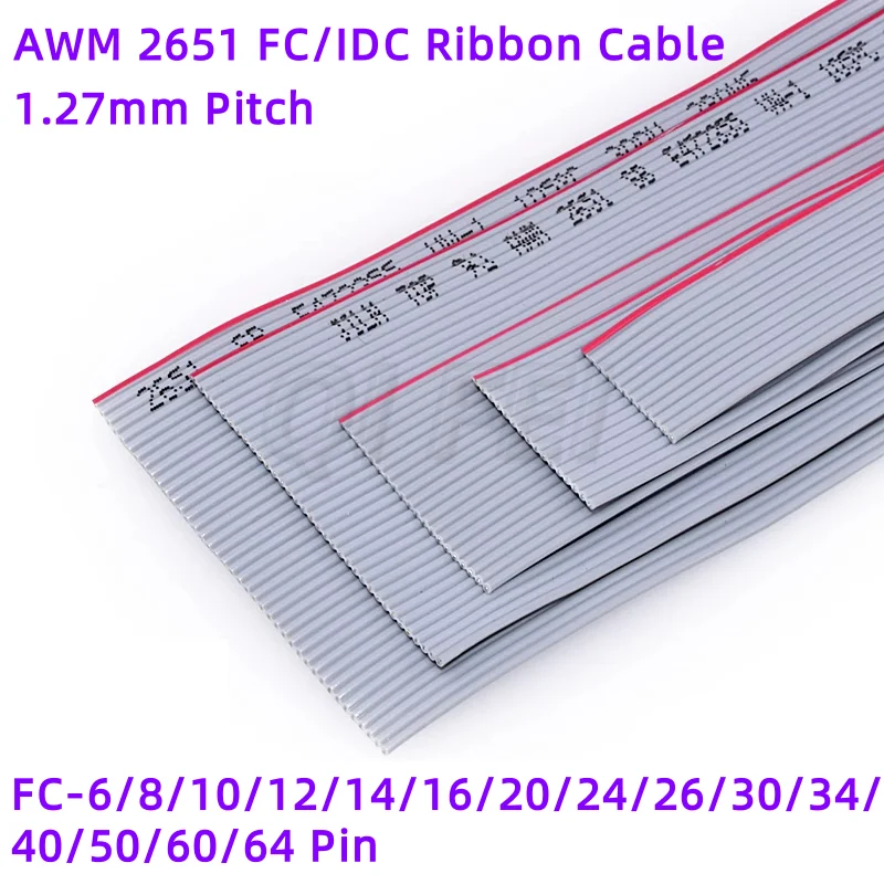 1Pcs 1M JTAG ISP Gray Flat Ribbon Data Cable AWM2651 28AW 6/8/10/14/16/20/34/40~64 Pin FOR 2.54mm Female FC IDC Socket Connector