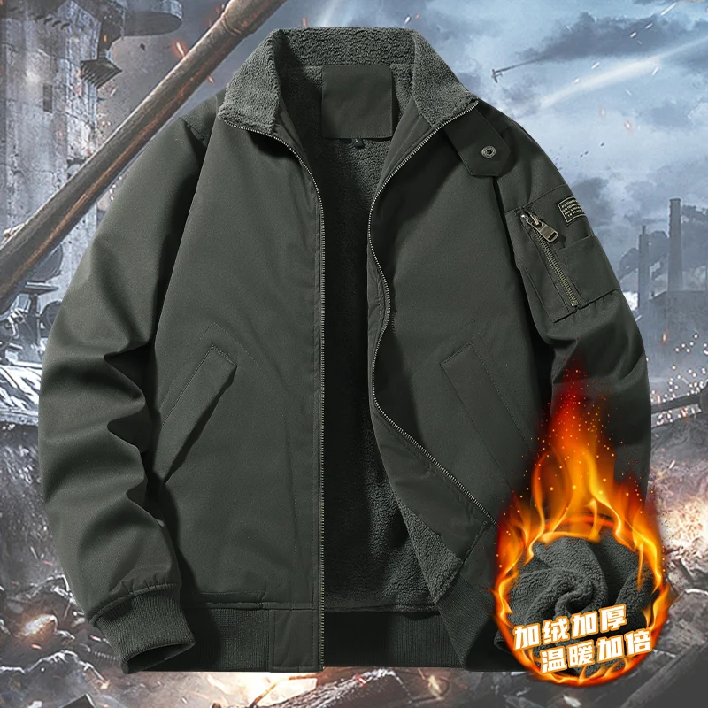 

2026 New Autumn Winter Men's Fleece Lined Thickened 100% Cotton Flight Jacket Casual Multi-pocket Cargo Washed Outerwear