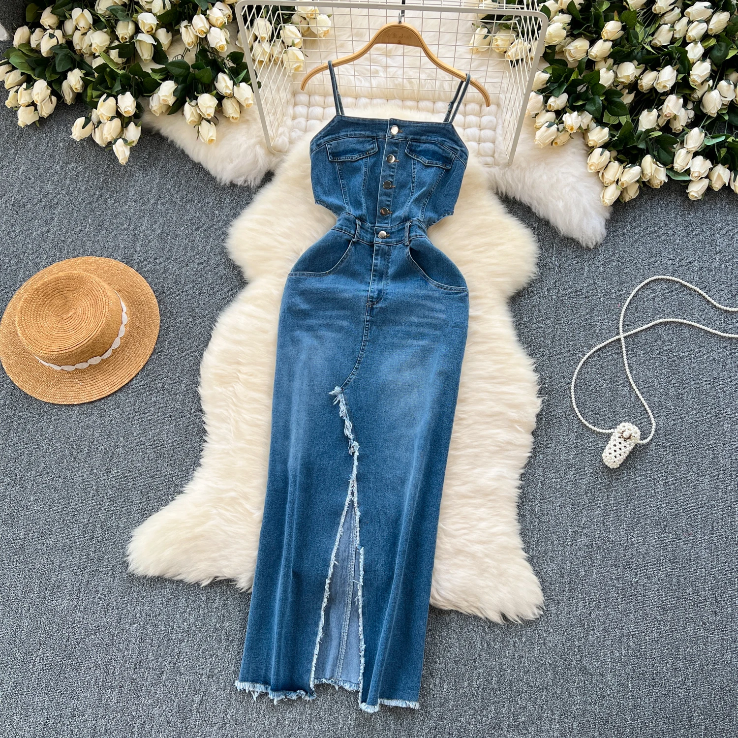 Femininno Sexy Split Vestidos Mujer Denim Women 2026 Dresses Starp Dress  Summer New Button Vestido Chic Double Pockets Robes - AliExpress 200000345