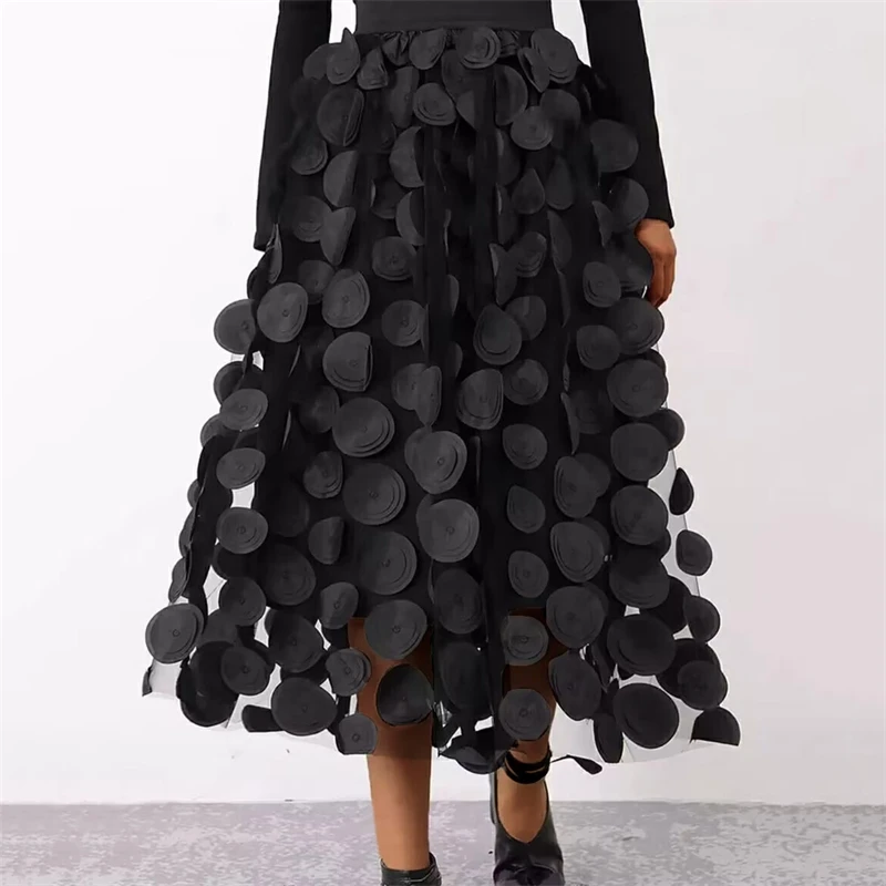 Damska spódnica w kształcie litery A Czarna rozkloszowana spódnica z tiulu z aplikacją 3D w kropki Elegancka sukienka imprezowa na wiosnę i lato