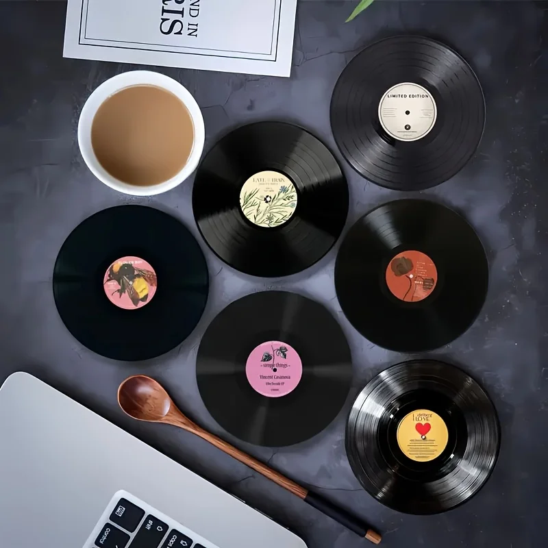 6pcs Retro Record Musical Elements 2D Wooden Coasters Set for Bars Family Gatherings Cafes Housewarming Gifts Home Decor