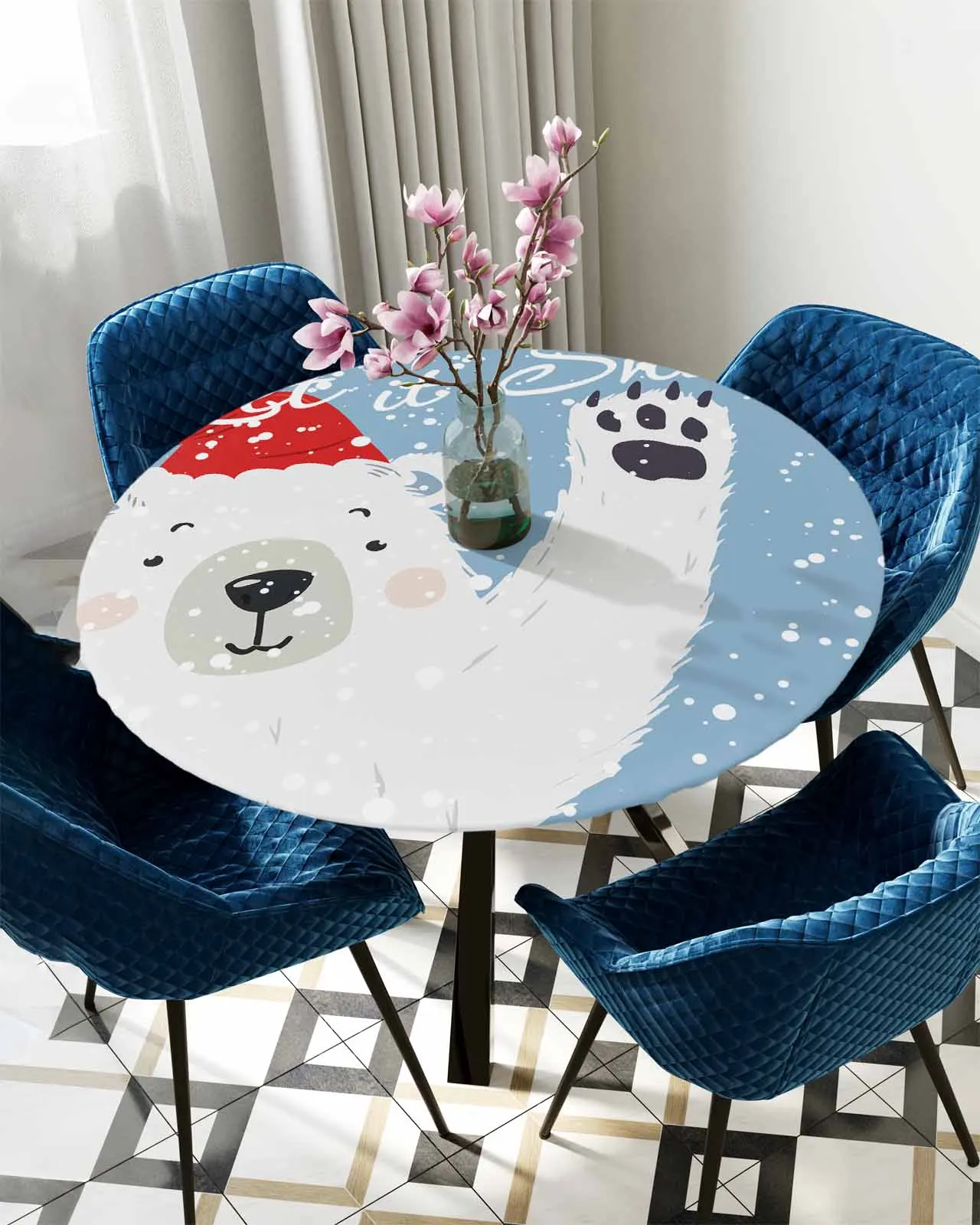 Christmas Snowflakes Bears Round Elastic Edged Table Cover Protector Cloth Waterproof Fitted Tablecloth