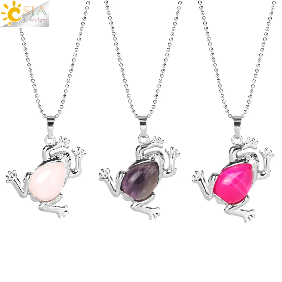 CSJA Lover Unisex Lovely Jump Frog Animal Pendant Necklace for Men Women Gem Crystal Quartz Lucky Natural Stone Jewellery E230
