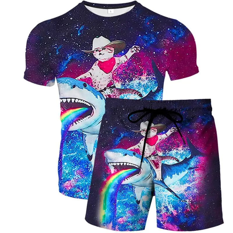 New Tracksuit Women/Men Space Cat 3D Print T-Shirt And Beach Board Shorts Set Fashion 2 Piece Set Streetwear Short Sleeve Suits
