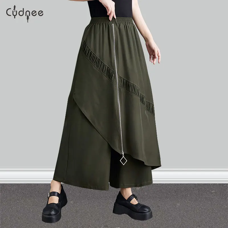 

Solid Gothic High Waist Zipper Splicing Wide Leg Pants Asymmetrical Female Jogger Trouser Elastic Waist Plus Size Capris