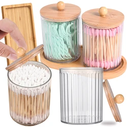 2pcs Qtip Holder Cotton Round Cotton Swabs Makeup Round Pads Dispenser Bathroom Vanrity Apothecary Jard with Lid and Bamboo Tray