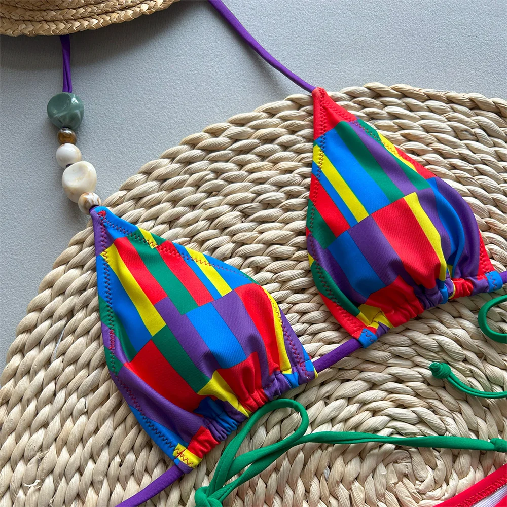 الفقرة برايا مثير الرسن مجموعة البكيني مع حبة غير النظامية 2025 مخطط ملابس النساء البرازيلي ملابس السباحة Biquini مثير ثوب السباحة