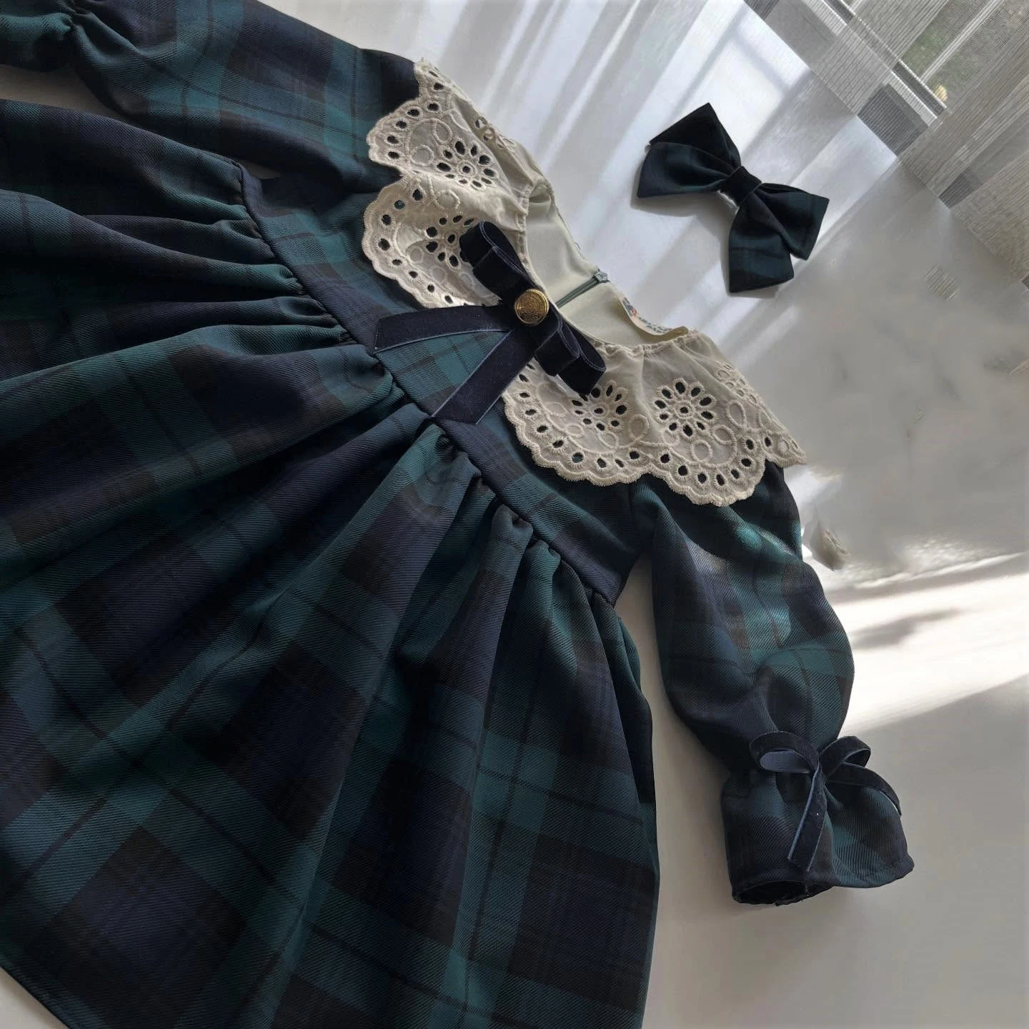Autumn Girl Sweet Retro Blue Green Plaid Bow  Puffy Dress For Casual Party Birthday Wedding Photography
