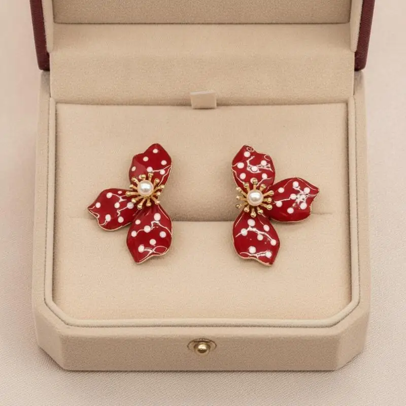 Orange Polka Dot Flower Stud Earrings Faux Pearl Center Gold Edged Boho Style Jewelry for Summer Outfits