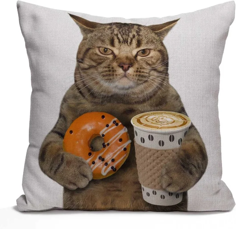 Cushion Cover The Cat Holds a Cup of Coffee and Orange Glazed Donut Square Throw Pillow Case Standard Pillowcase for Men Women