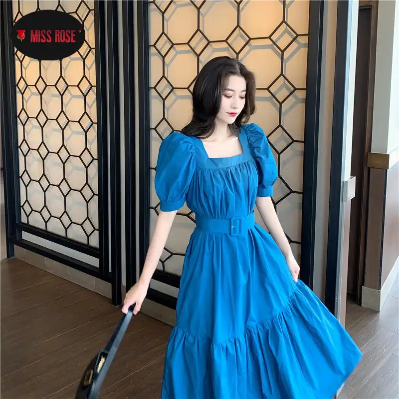 

Women Summer Long Dress Vintage Square Collar Puff Sleeve Slim Waist Holiday Beach Dress Belt Robe French Palace Femme Vestidos