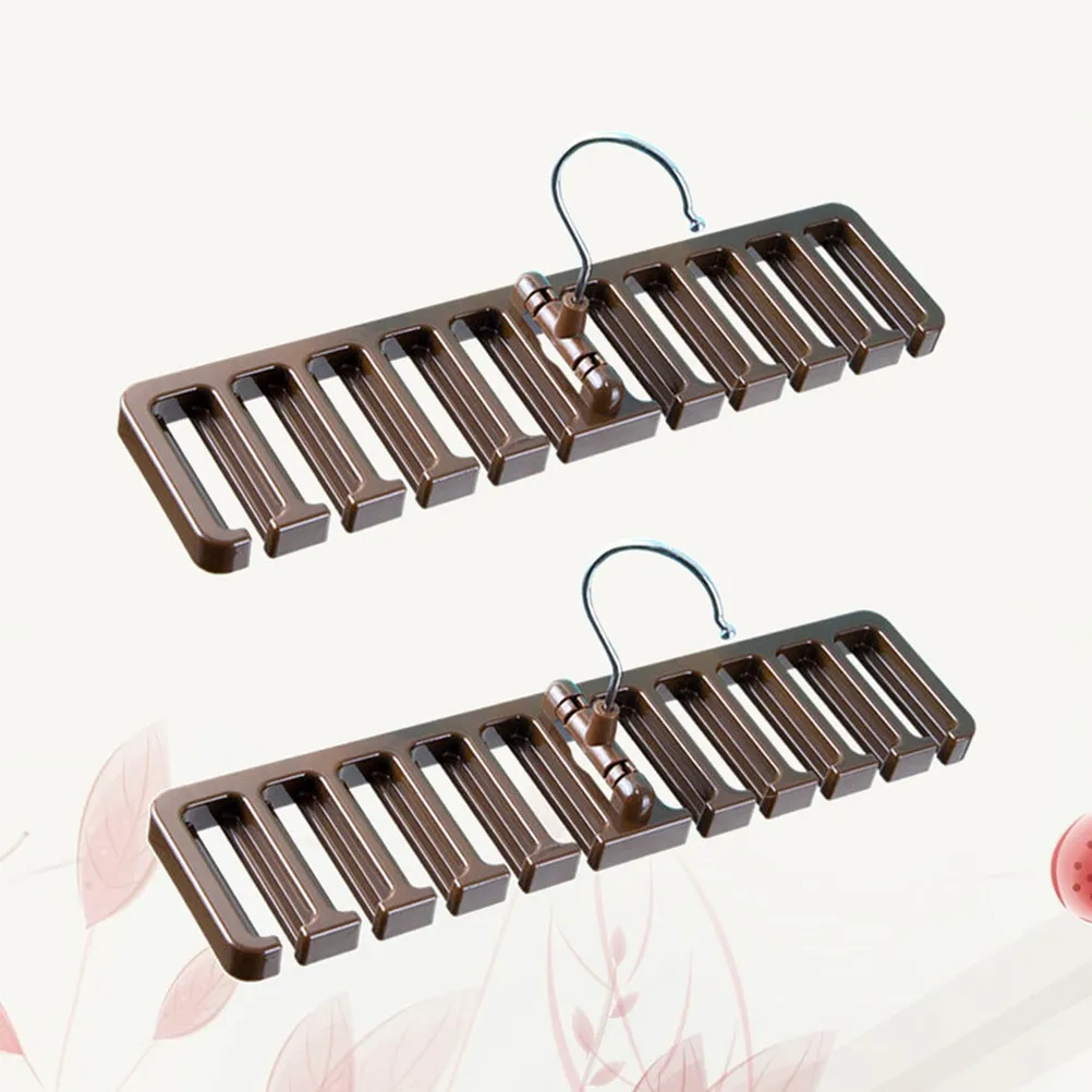 2Pcs Plastic Necktie Hanger with Anti-Slip Arms Holds 10 Ties Belts Scarves Compact Organizer for Closet Wardrobe Bathroom Brown view 5