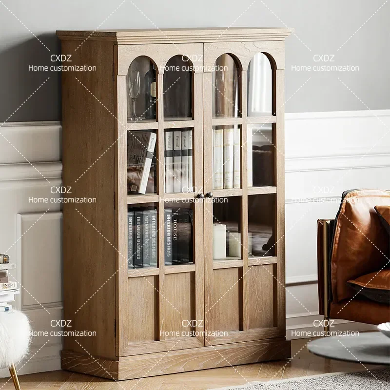 American all-solid wood bookcase whole wall bookshelf living room light luxury display cabinet storage cabinet combination