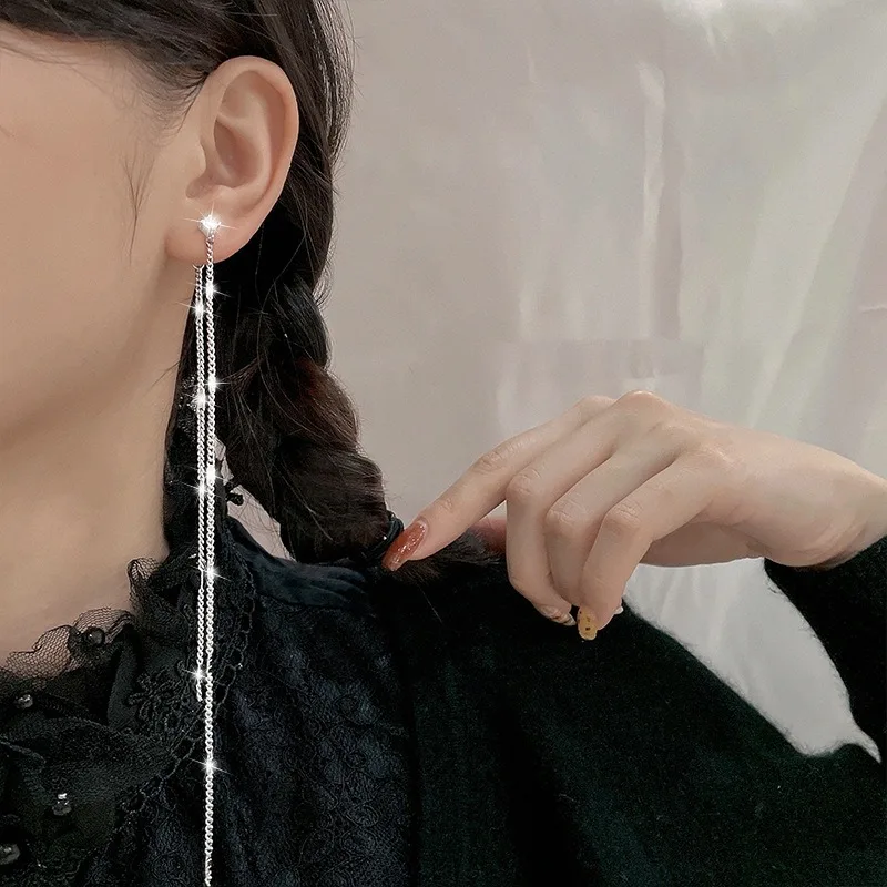 Silver Color Star CZ Long Tassel Chain Dangle Earrings Double Layer Drop Chain Sparkly Piercing Minimal Trendy Daily Jewelry Gif