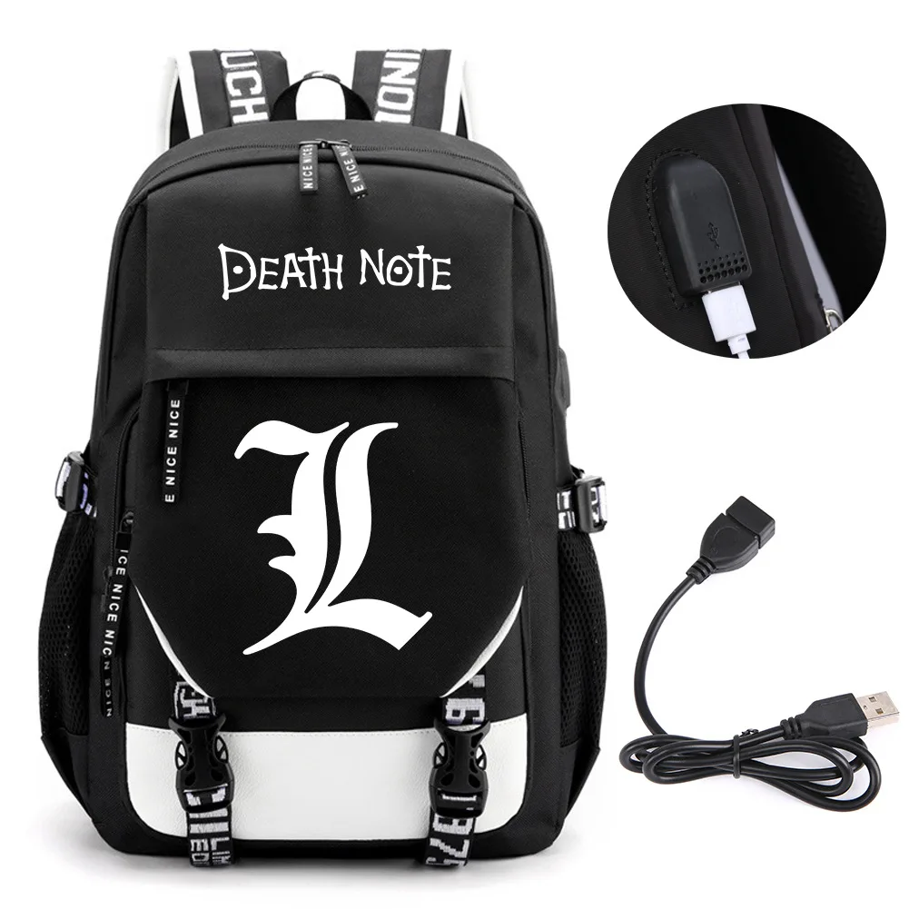 Anime Death Note Backpack School Book Bags Mochila Travel USB Port Bag Laptop Boy Girls Gift
