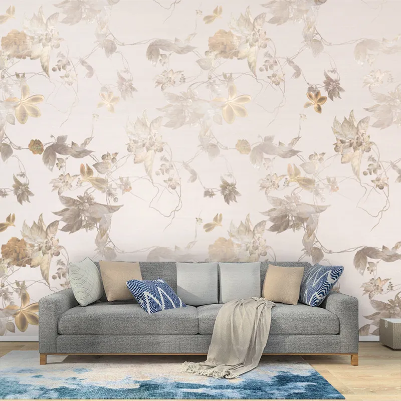 American retro hand-painted plant flower wallpaper TV background painting villa gold leaf bedroom custom 3d wallpaper