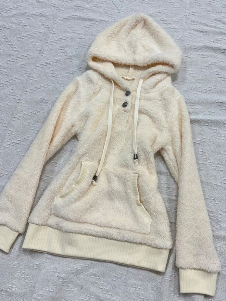 2000s French Elegant Solid Hooded Sweatshirt Y2k Harajuku Vintage Autumn Winter New Warm Sweaters American Streetwear Hoodies