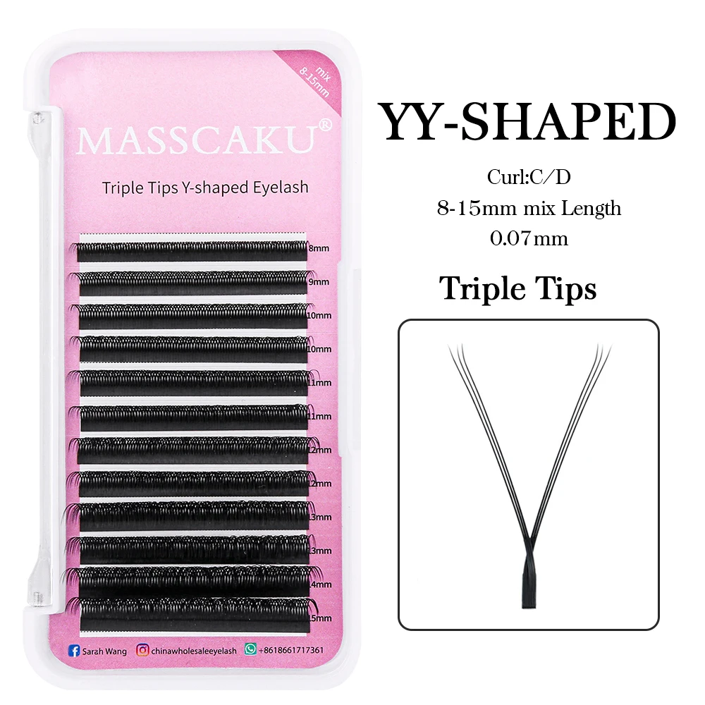 MASSCAKU Faux Mink Matte Black 8-17mm YY Shaped Eyelashes Extensions Premium PBT Fiber Makeup Mesh Net Cross Lash Wholesale