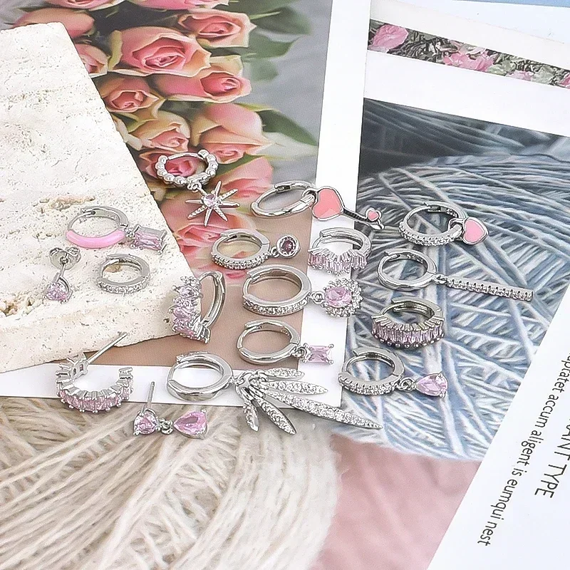 925 Sterling Silver Needle Sweet Cute Pink Zircon Hoop Earrings dla kobiet Wykwintne kolczyki wisiorek w kształcie serca Luksusowy prezent jubilerski — zdjęcie 7