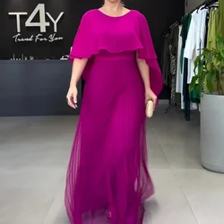 Women Elegant Crew Neck Irregular Shawl & Vest Pleated Dresses Autumn Solid Color Cloak 2 Piece Set Loose Evening Gown Vacation