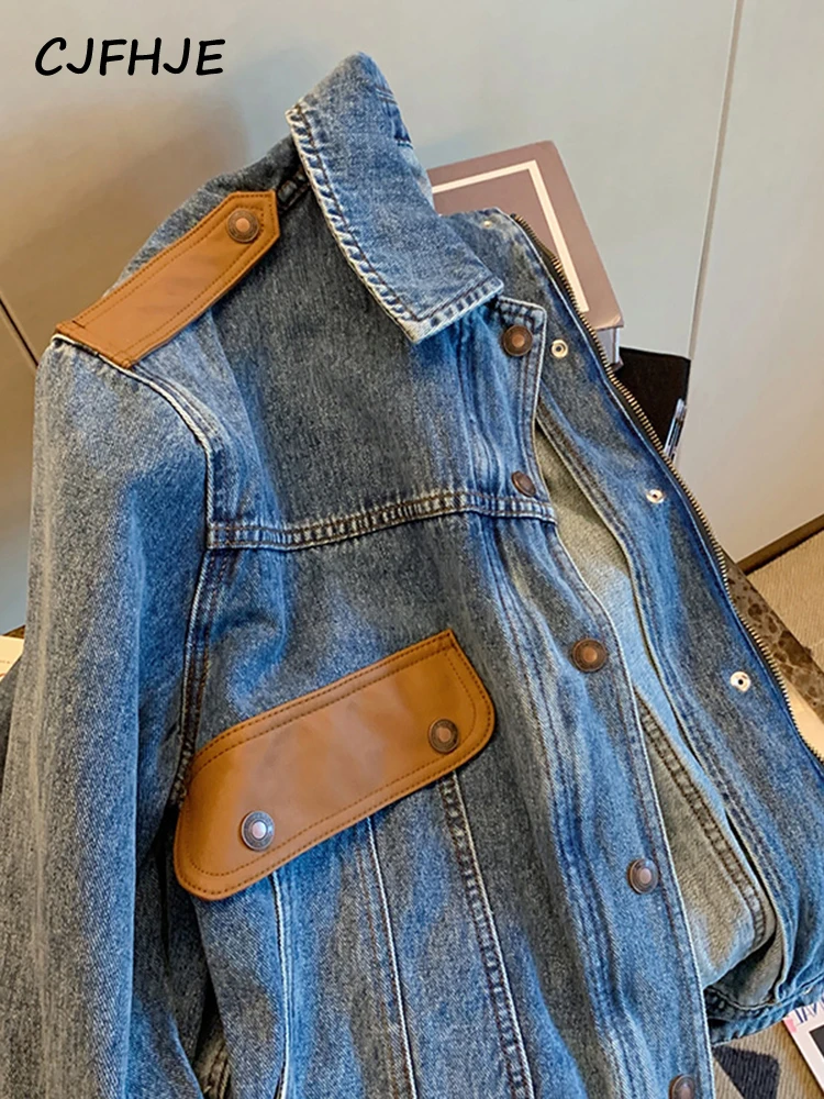 Blue Vintage Patchwork Denim Jacket For Women Color Blocking Chic Fashion Korean Loose Female Jackets Zipper Casual Denim Coats