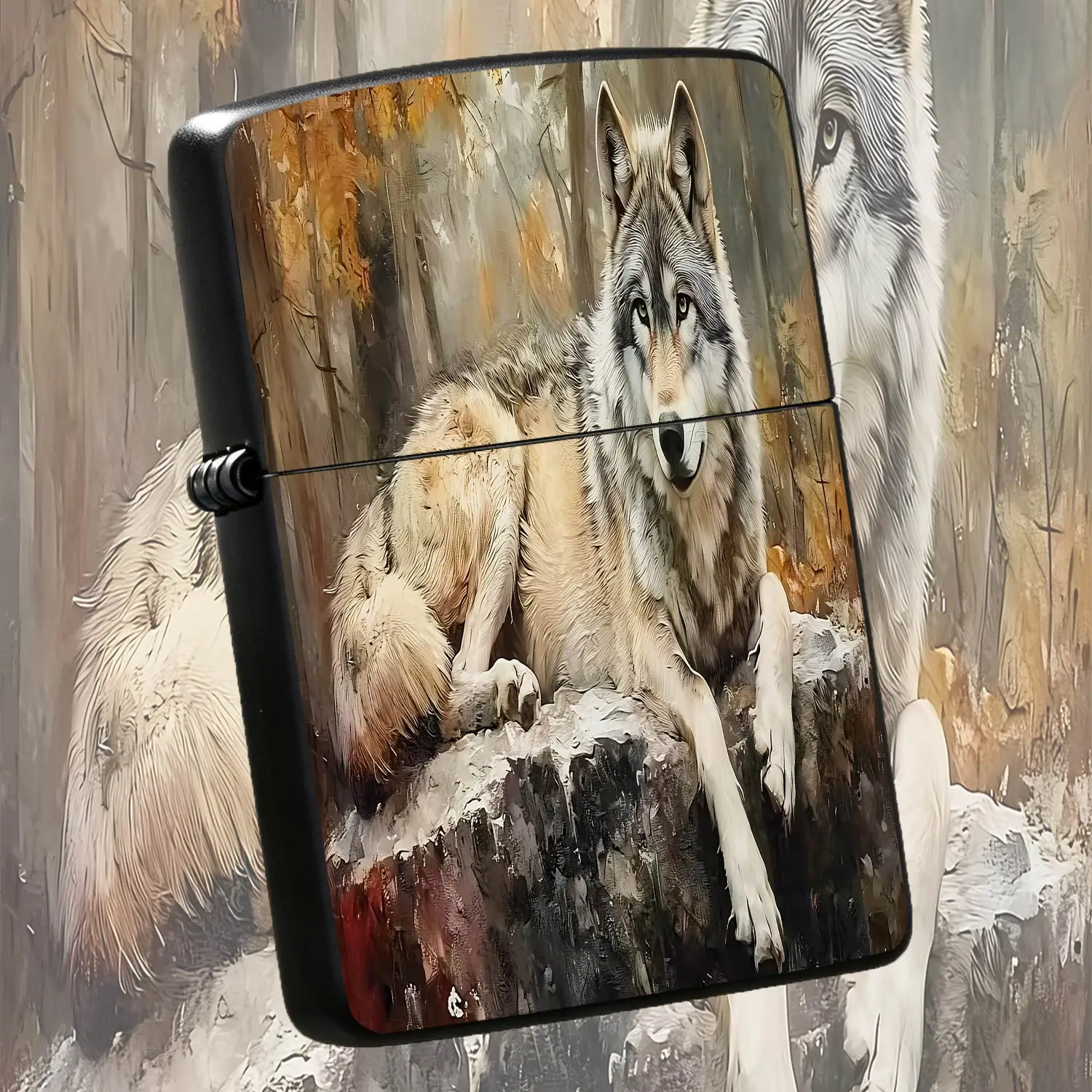 Vintage Art Print Lighter With Resting Gray Wolf In Autumn Forest Pattern, Exquisite Portable Practical Daily Carry Item For Outdoor Travel Home Use, Unique Decorative Creative Gift For Friends Family For All Scenes A Humorous And Interesti