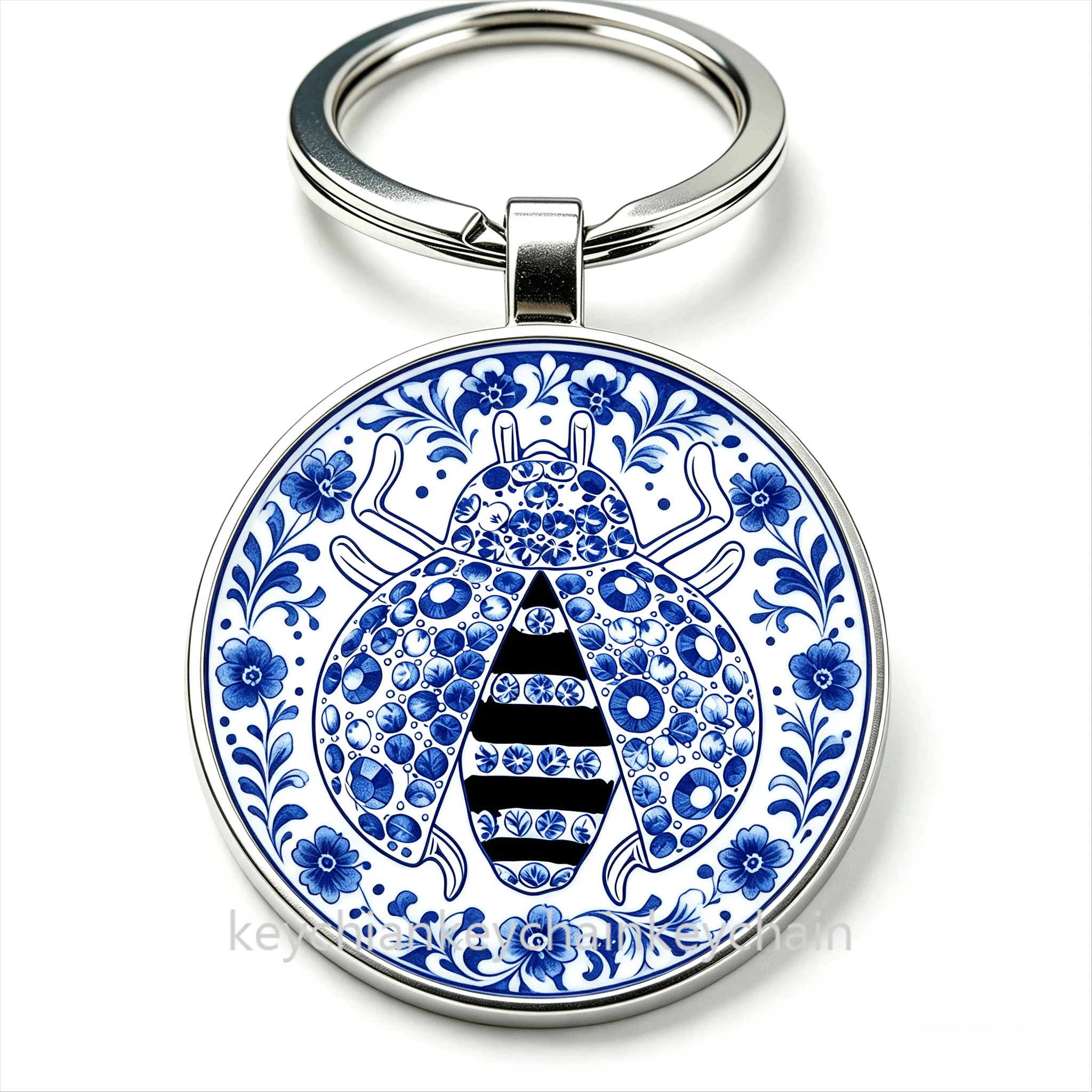 Russia blue and white floral beetle Ladybug Keychain Keyring Bag Pendant Gift