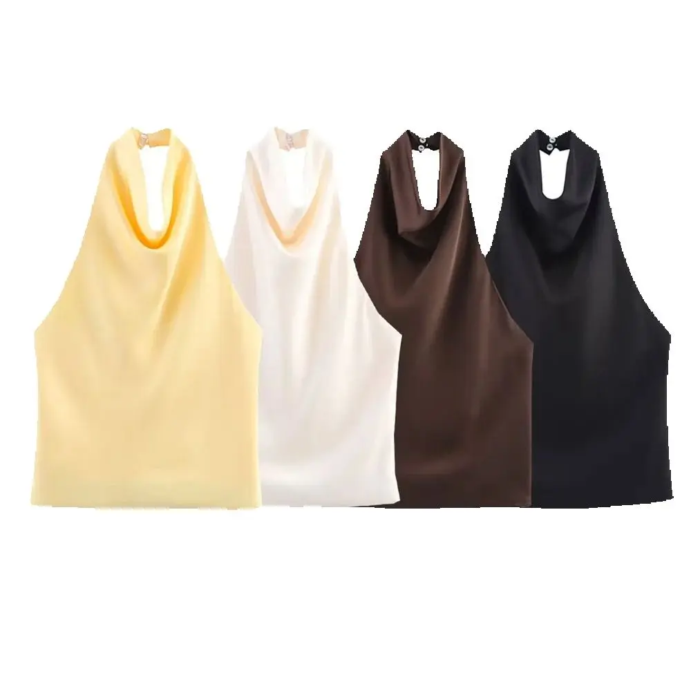 

Summer new women's French short silk satin texture backless hanging neck collar top