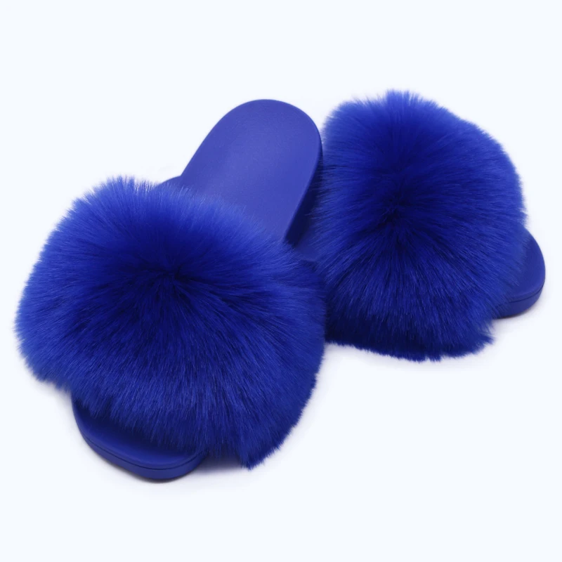 Summer Women Imitation fox fur Slippers Fluffy  Slides Female Furry Outside Flat Flip Flop Ladies Rainbow Slip On Sandals