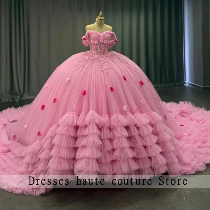 

Розовые блестящие платья Quinceanera с открытыми плечами и аппликацией из кружева и бусин, корсет, многоуровневое тюлевое платье для вечеринки, дня рождения, сладкое платье 16, Vestidos De