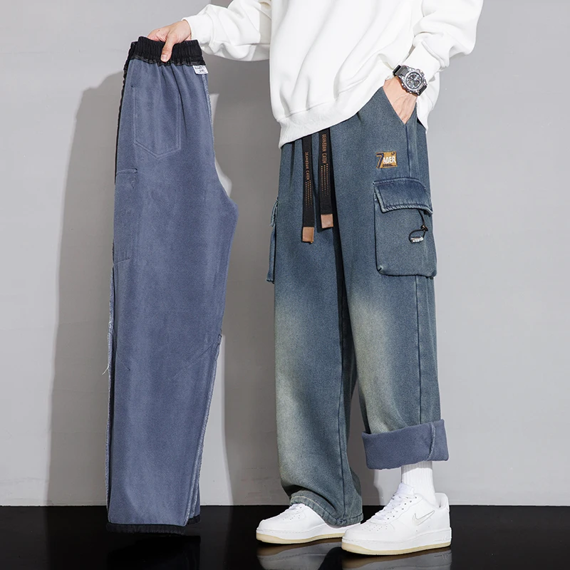 New Winter Velvet Denim Jeans Wide Leg Washing Jean Pants Men Trousers Neutral Loose Casual Outdoor Fashion Pants Big Size 8xl