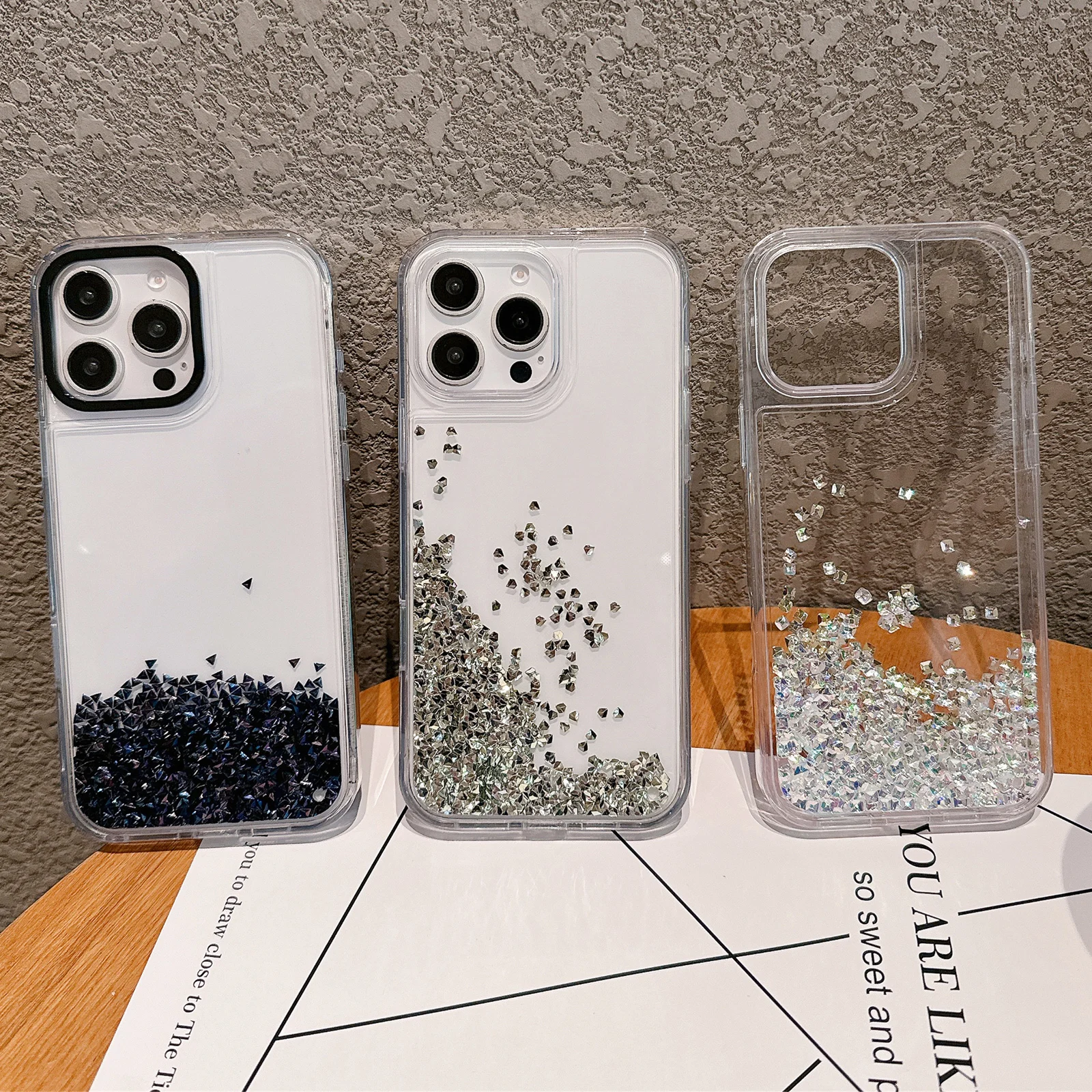 Shockproof Glitter Diamond Liquid Sand Quicksand Clear Case for iPhone 16 Pro Max 15 14 13, Slim Bling Shiny Phone Cover Funda