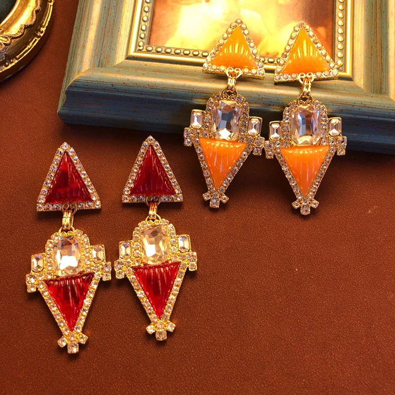 Versatile geometric triangular ear stud temperament inlaid  jelly resin rhinestone exquisite earrings jewelry