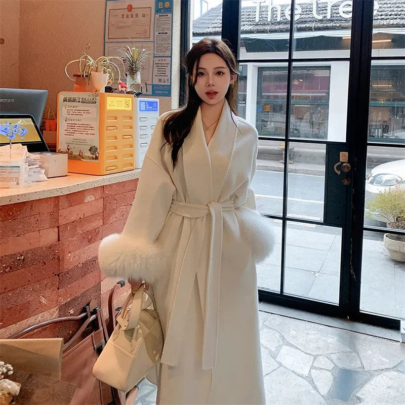 

Cashmere Coat Double-sided Woolen Jacket Women Removable Cuffs Fox Fur Jacket Winter Temperament Short and Long Real Wool Coat