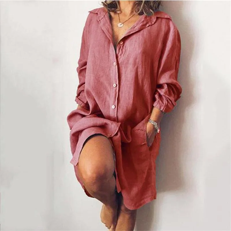 Women's New Regular Cotton And Linen Long-sleeved Cardigan Single-breasted Shirt Solid Color Loose Comfortable Casual Long Shirt