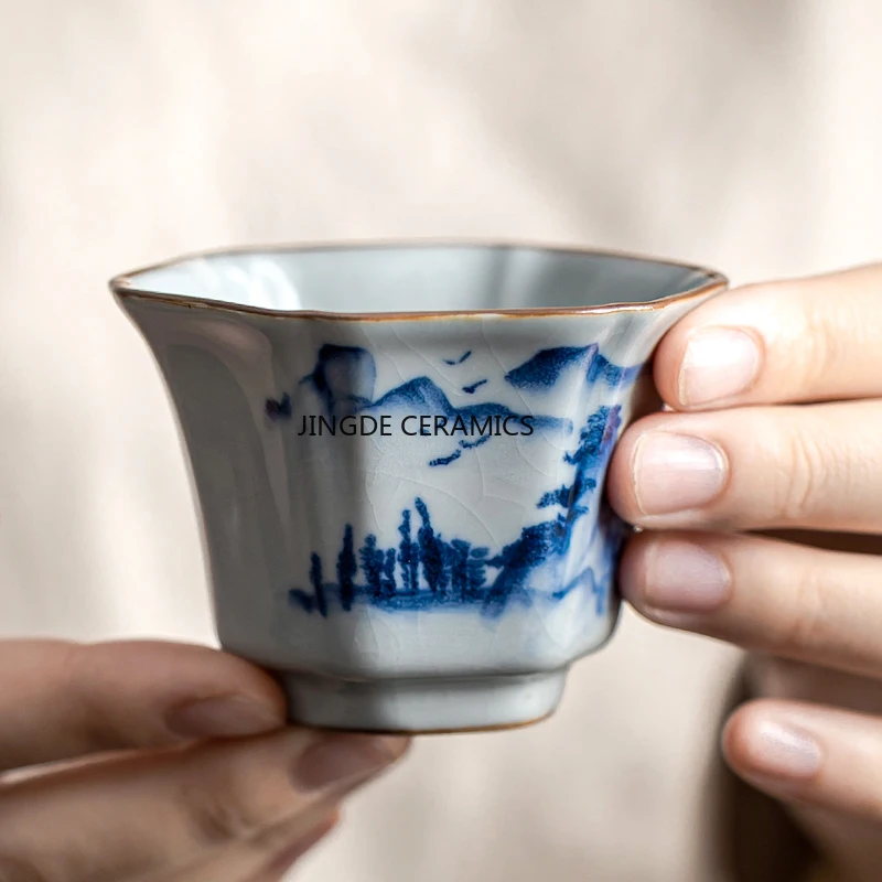 

1 Pcs Chinese Ru Kiln Ceramic Teacup Exquisite Hand-painted Lotus Hexagon Tea Bowl Master Meditation Cup Porcelain Tea Set