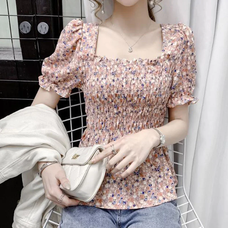 Korean Fashion Square Collar Printing Chiffon Tops Skinny All-match Ladies Elegant Puff Sleeve Tee Summer 2023 Women\'s Clothing