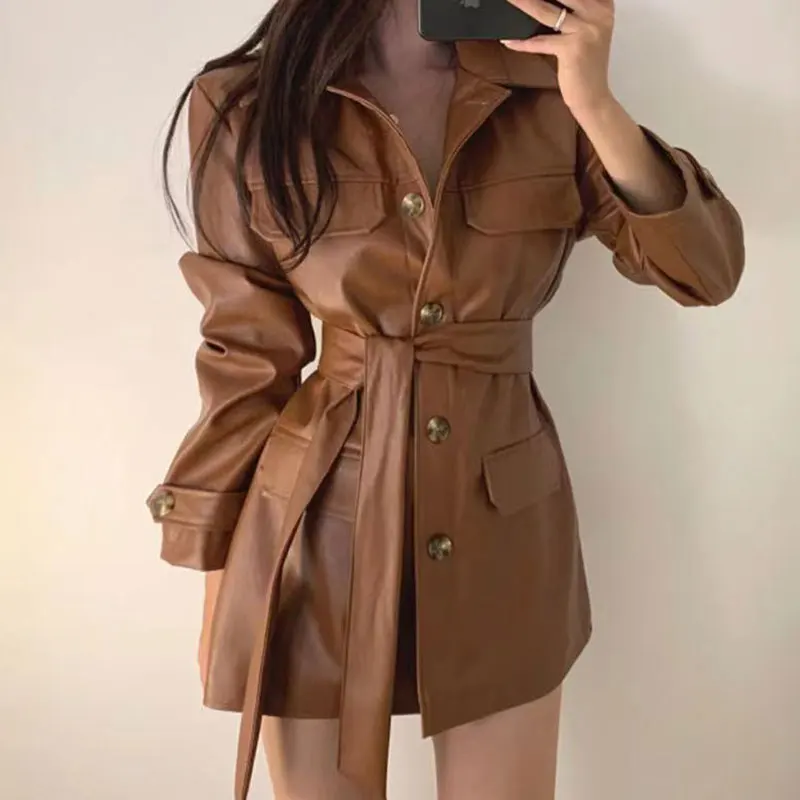 Sli Retro Deep Brown PU Leather Jaet Belted Mid-Length Biker Coat Women's Faionable Outerwear Commute Loose Fit Long ...