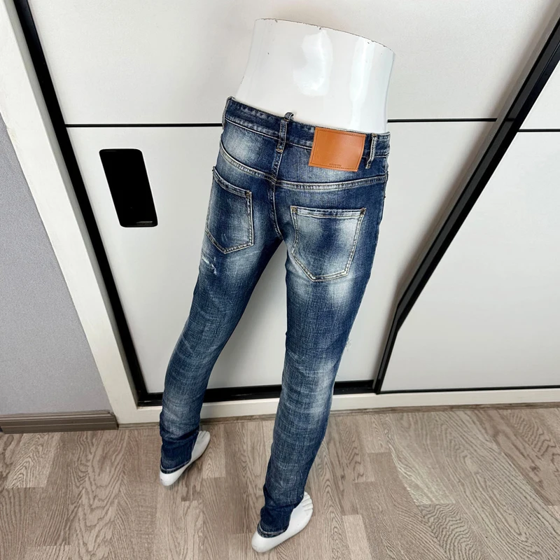 Men Bright Blue Horizontal Striped Washed Small Frayed Hole Elastic Skinny Denim Jeans Hip Hop Trend Daily Denim Jeans hombre
