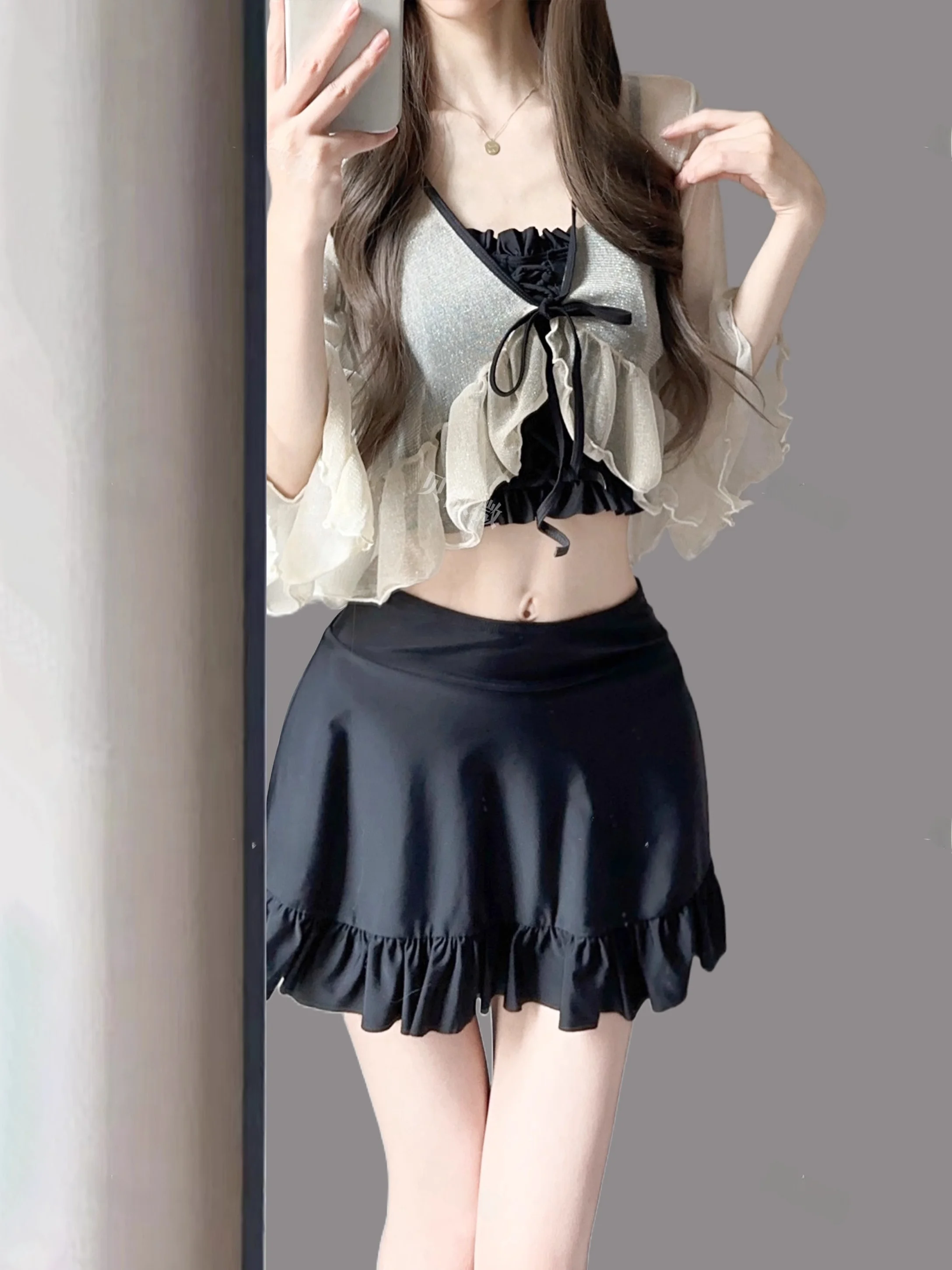 

Beawei Long Sve Swimsuit Conservative Hot Spring Sle Tee Piece Set Slimming Separate Skirt Sle for plus Size Girls