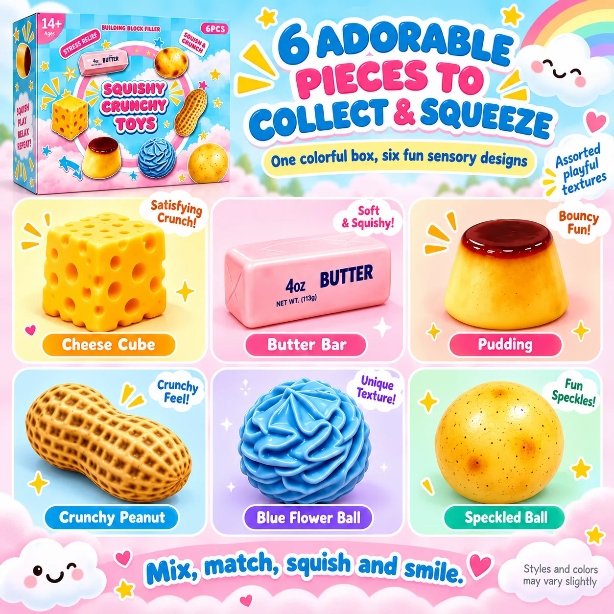 2026 Maltose Squishy 6PCS Set Soft Slow Rising Squeeze Fidget Sensory Stress Relief Tactile Office Desk Novelty Gift Pack
