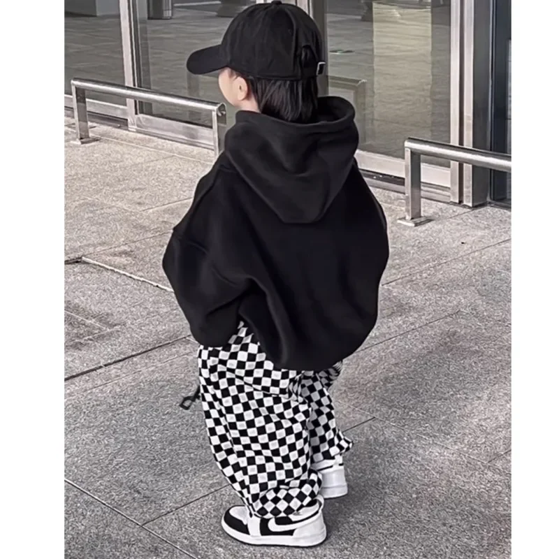 Boys' Hoodies Panst Two-piece Sets Spring Plush Sweater Korea Fahion Letter Print Loose Plaid Pants Handsome Vintage Suits